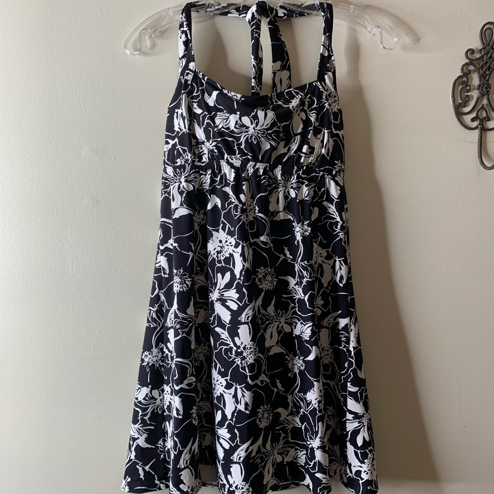 Lands End Black/White Floral Empire Swim Dress 6 Long